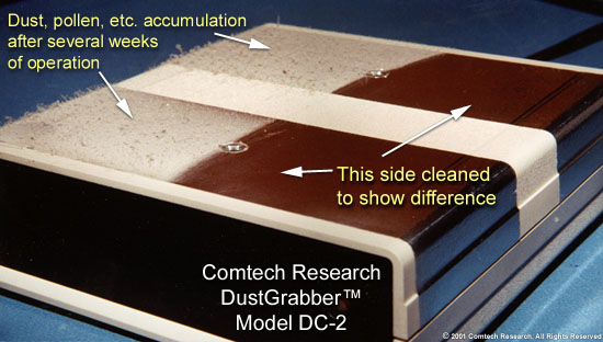 Dust and pollen accumulation on DustGrabber (tm) after running near a negative ion generator