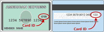 Card ID number locations on AMEX (front of card) and VISA/MC (back of card) credit cards. This helps verify that the customer actually has the card.